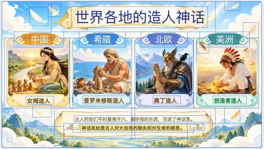 The converted result selected in the EditablePPT editor: title, region names, card labels and body text are separate text boxes; illustrations and decorations are separate images, each with a blue selection box
