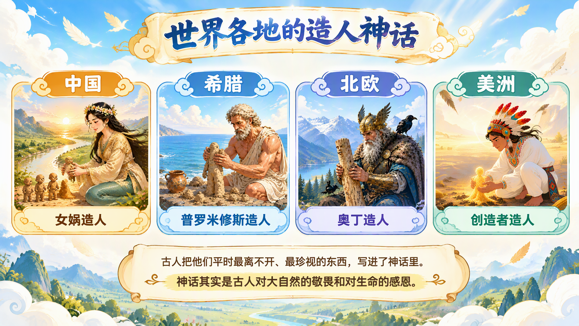 Mythology-themed original: four character illustrations for China, Greece, the Nordics, and the Americas, under a brush-lettered Chinese title